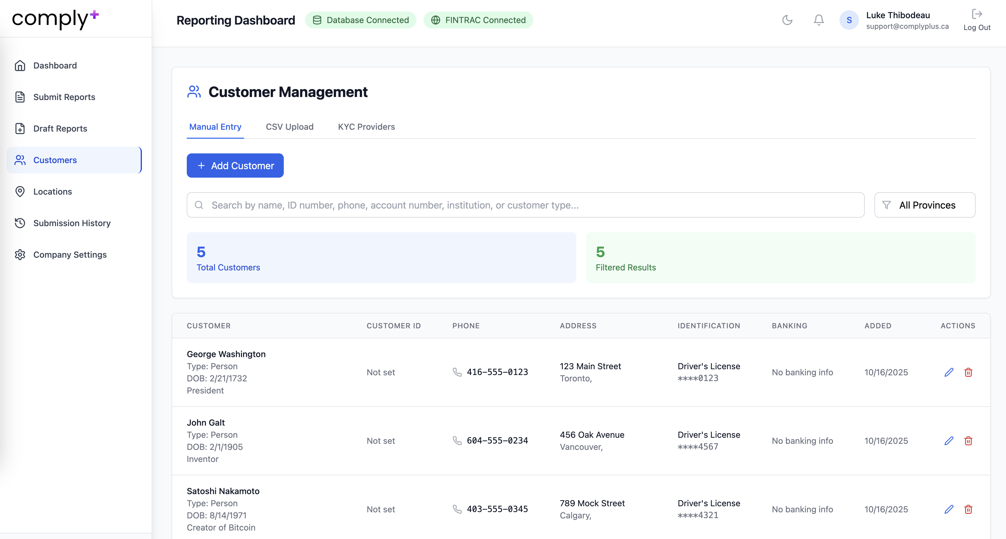 Customer table listing name, ID, phone, and address.